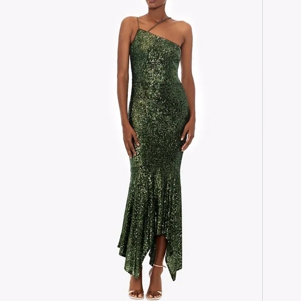 Xscape NWT Stretch Sequin Asymmetrical One Shoulder Sleeveless Mermaid Gown Sz4 - Picture 1 of 12